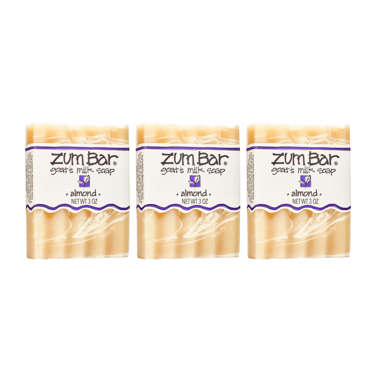 Indigo Wild Zum Goat Milk Soap Bar Almond packaging in a 3-pack display for everyday use.