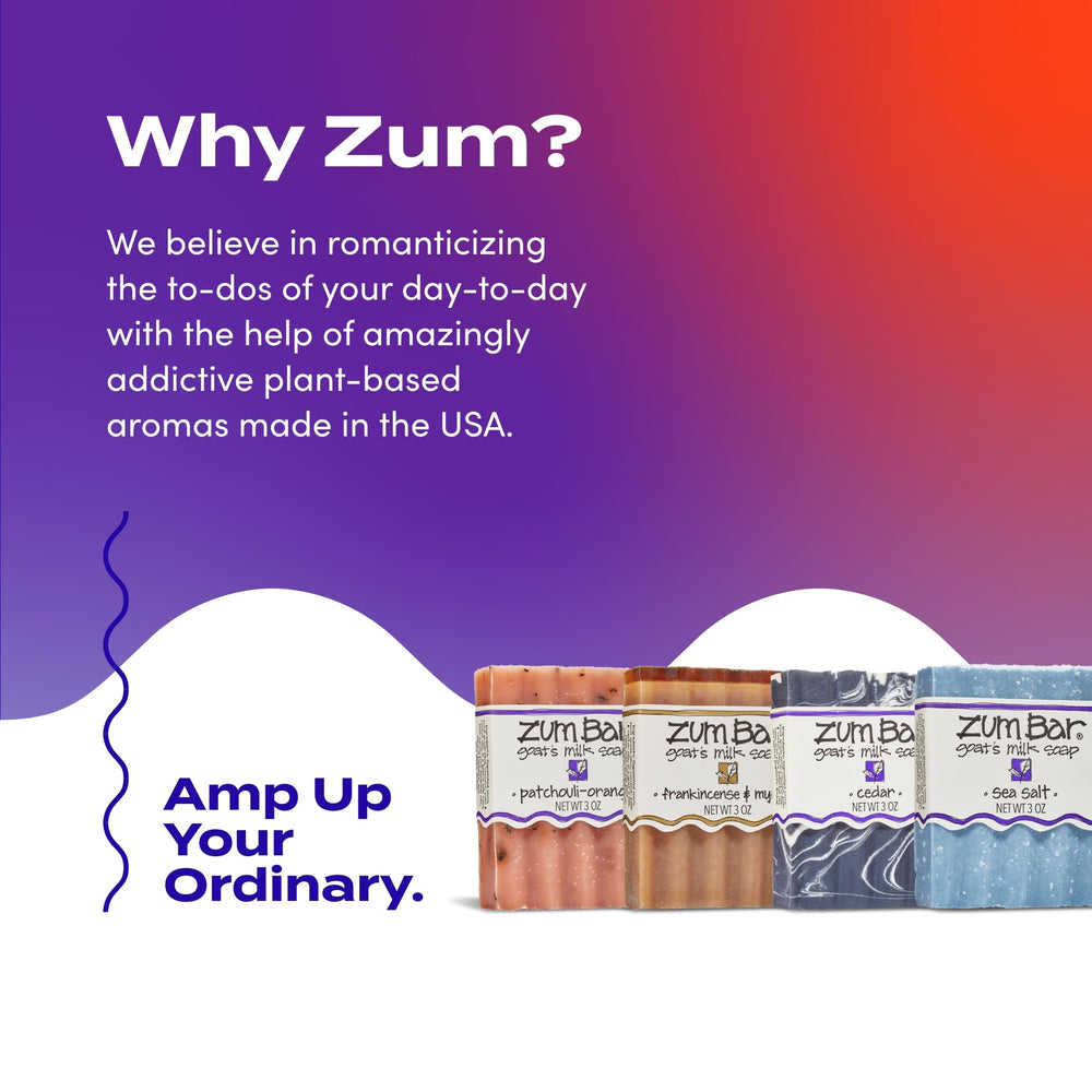 Indigo Wild Zum Goat's Milk Soap Bar Cedar scene conveys smoky warmth and grounding scent.