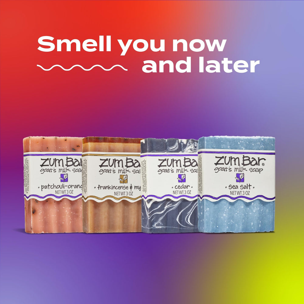Indigo Wild Zum Goat's Milk Soap Bar Frankincense & Myrrh image hints at woodsy, calming aroma.