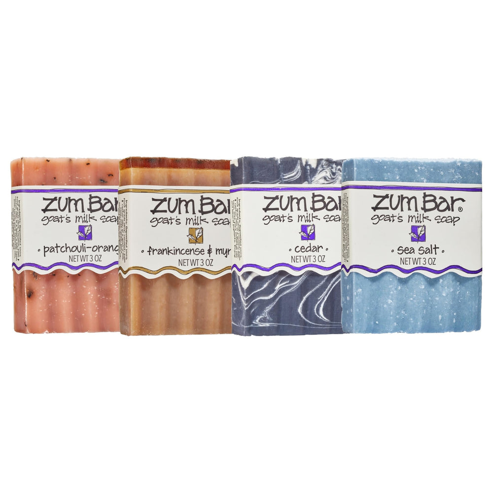 Indigo Wild Zum Goat's Milk Soap Bar packaging highlights natural ingredients for skin-friendly cleansing.