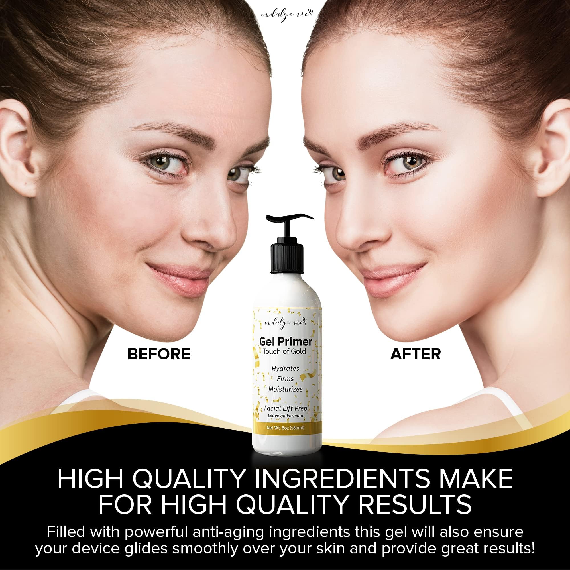 IndulgeMe Conductive Gel glow from gold foil detail brightens appearance during treatments.
