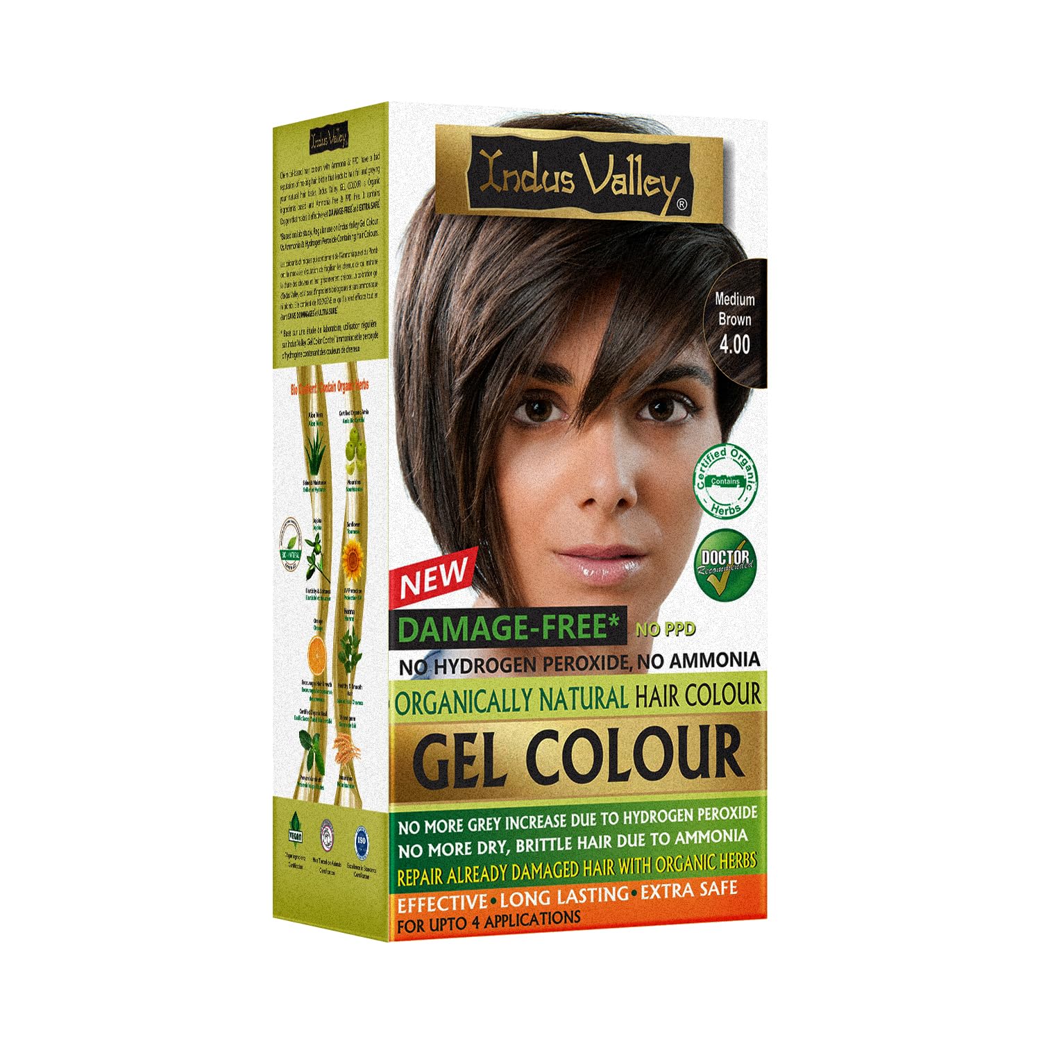 Indus Valley damage-free gel hair color packaging highlights ammonia-free, vegan formula for safe coloring.