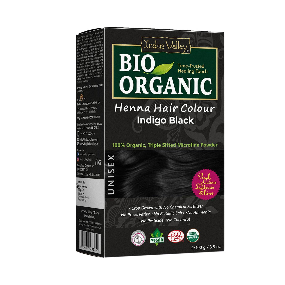 Indus Valley Indigo Black Henna packaging shows natural, chemical-free formula