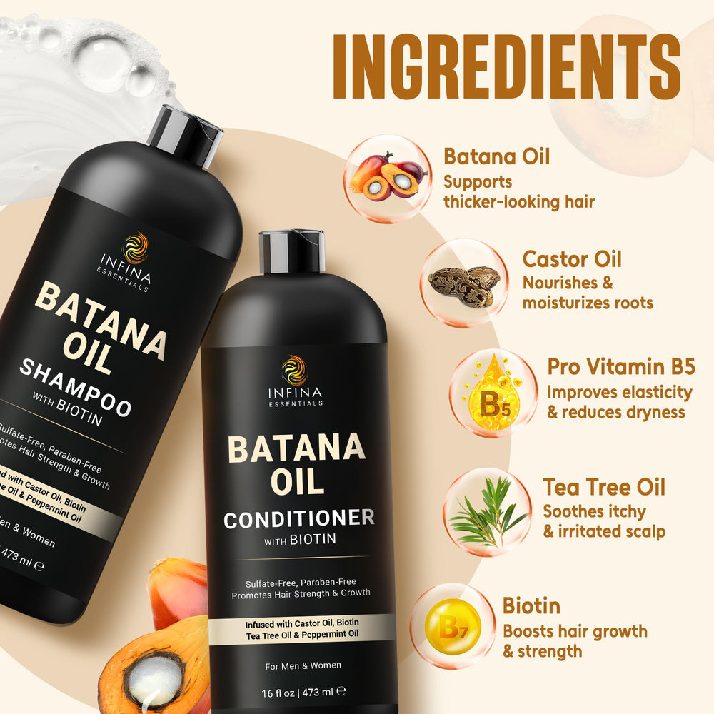 INFINA ESSENTIALS Batana Oil Conditioner bottle side hints at detangling and shine.