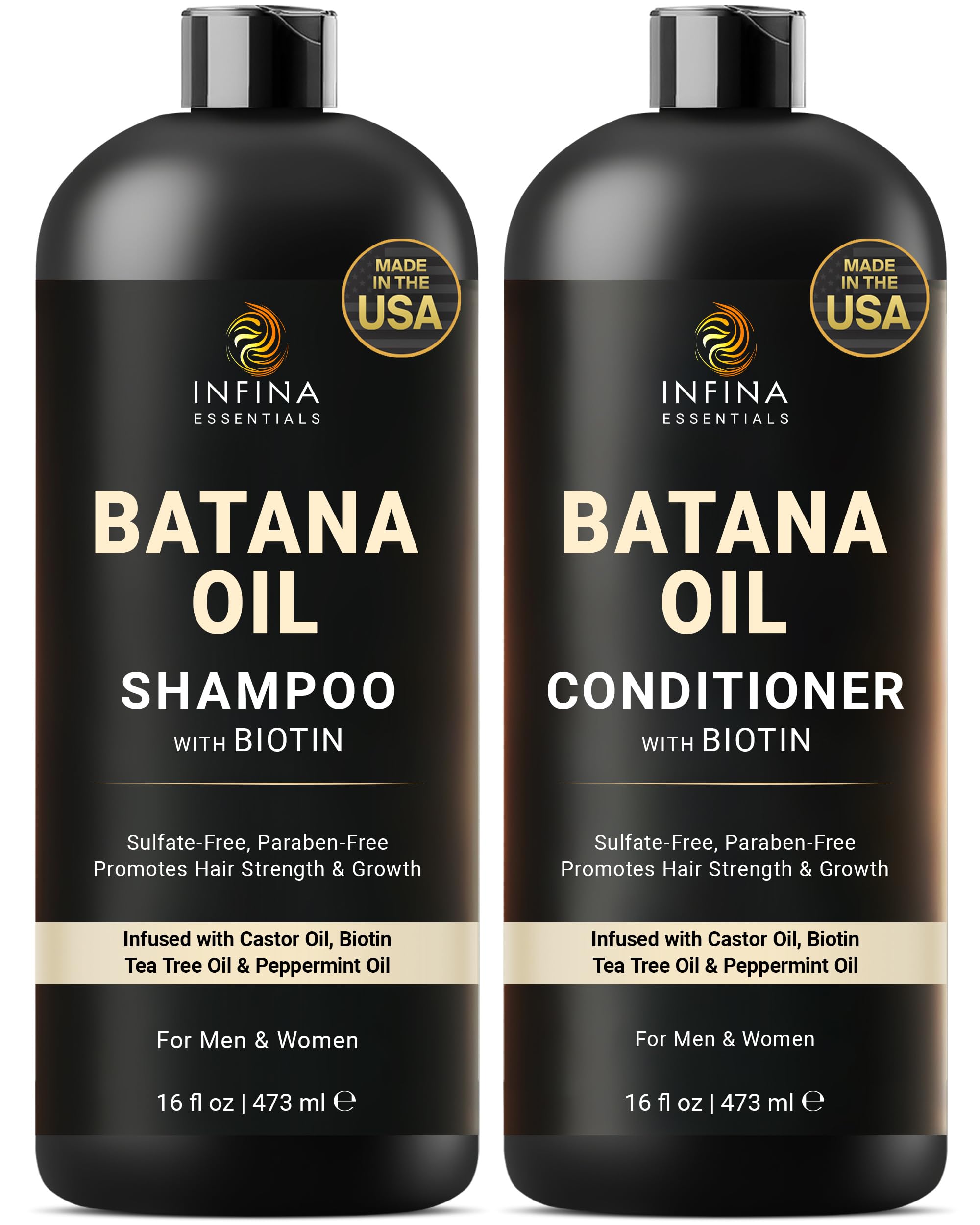 INFINA ESSENTIALS Batana Oil Shampoo bottle front shows moisturizing, strengthening potential.