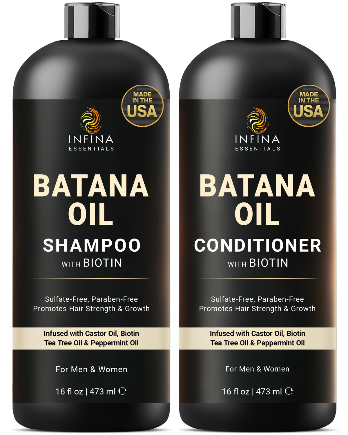 INFINA ESSENTIALS Batana Oil Shampoo bottle front shows moisturizing, strengthening potential.