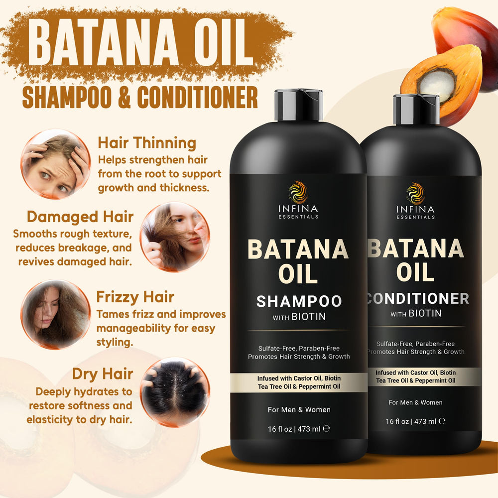 INFINA ESSENTIALS Batana Oil Shampoo bottle side highlights lightweight cleansing.