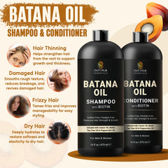 INFINA ESSENTIALS Batana Oil Shampoo bottle side highlights lightweight cleansing.