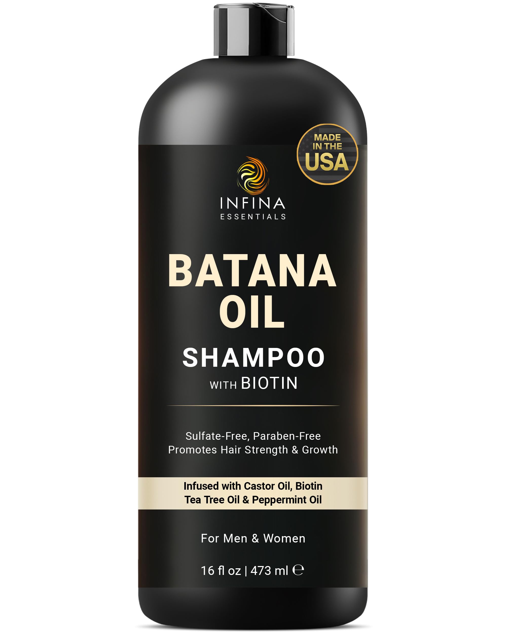 INFINA ESSENTIALS Batana Oil Shampoo bottle shows nourishing formula for hair health