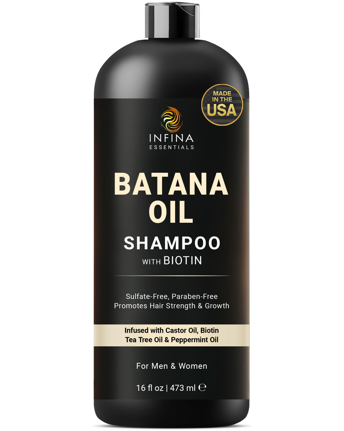 INFINA ESSENTIALS Batana Oil Shampoo bottle shows nourishing formula for hair health
