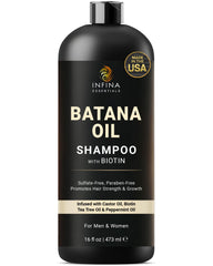 INFINA ESSENTIALS Batana Oil Shampoo bottle shows nourishing formula for hair health
