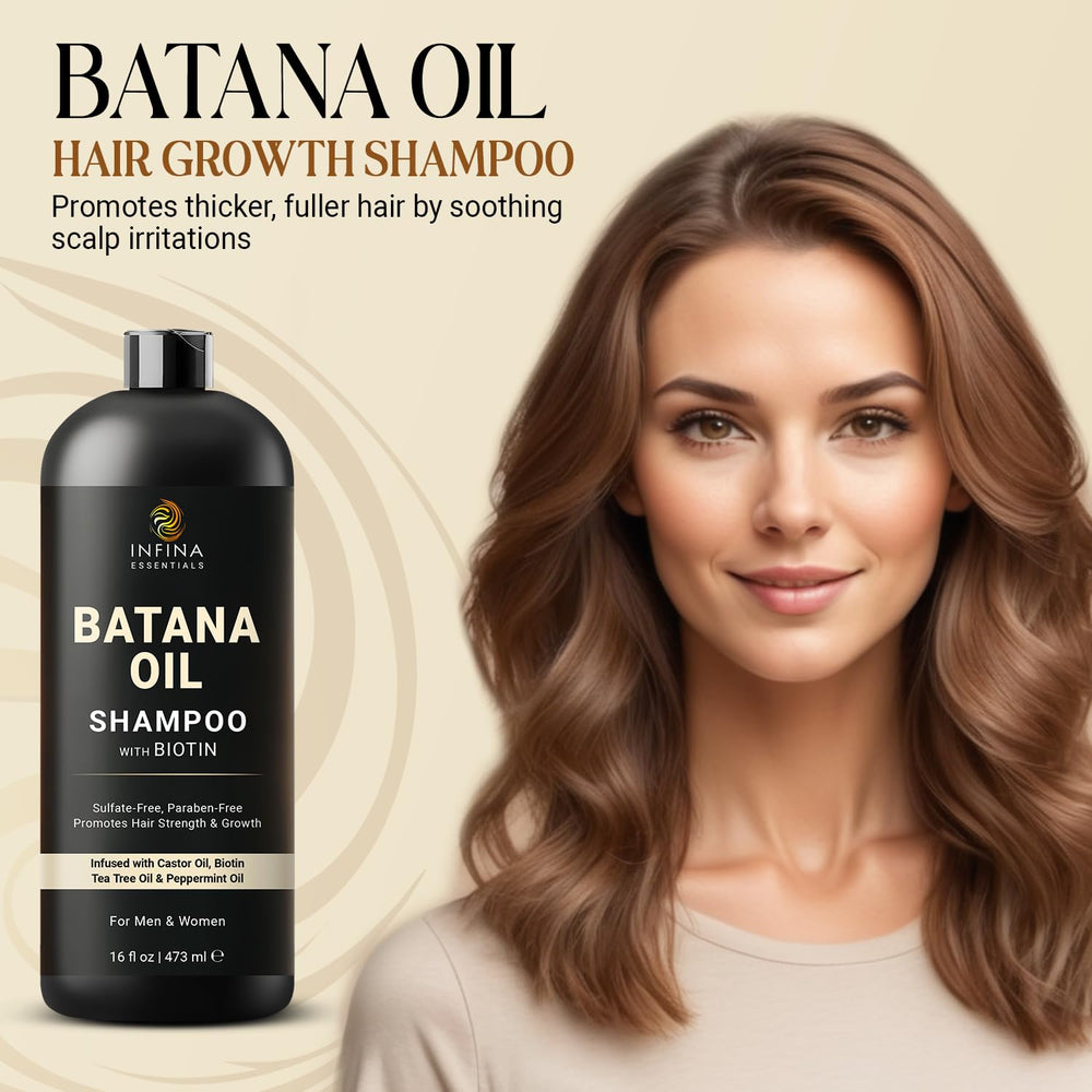 INFINA ESSENTIALS Batana Oil Shampoo pour action demonstrates easy application and scalp refreshment