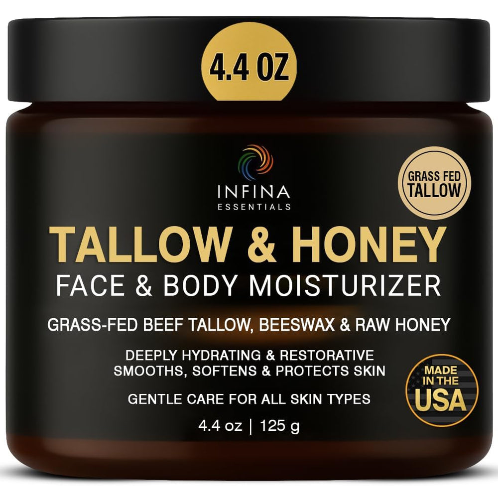 INFINA ESSENTIALS beef tallow honey jar highlights a rich, hydrating cream for face and body