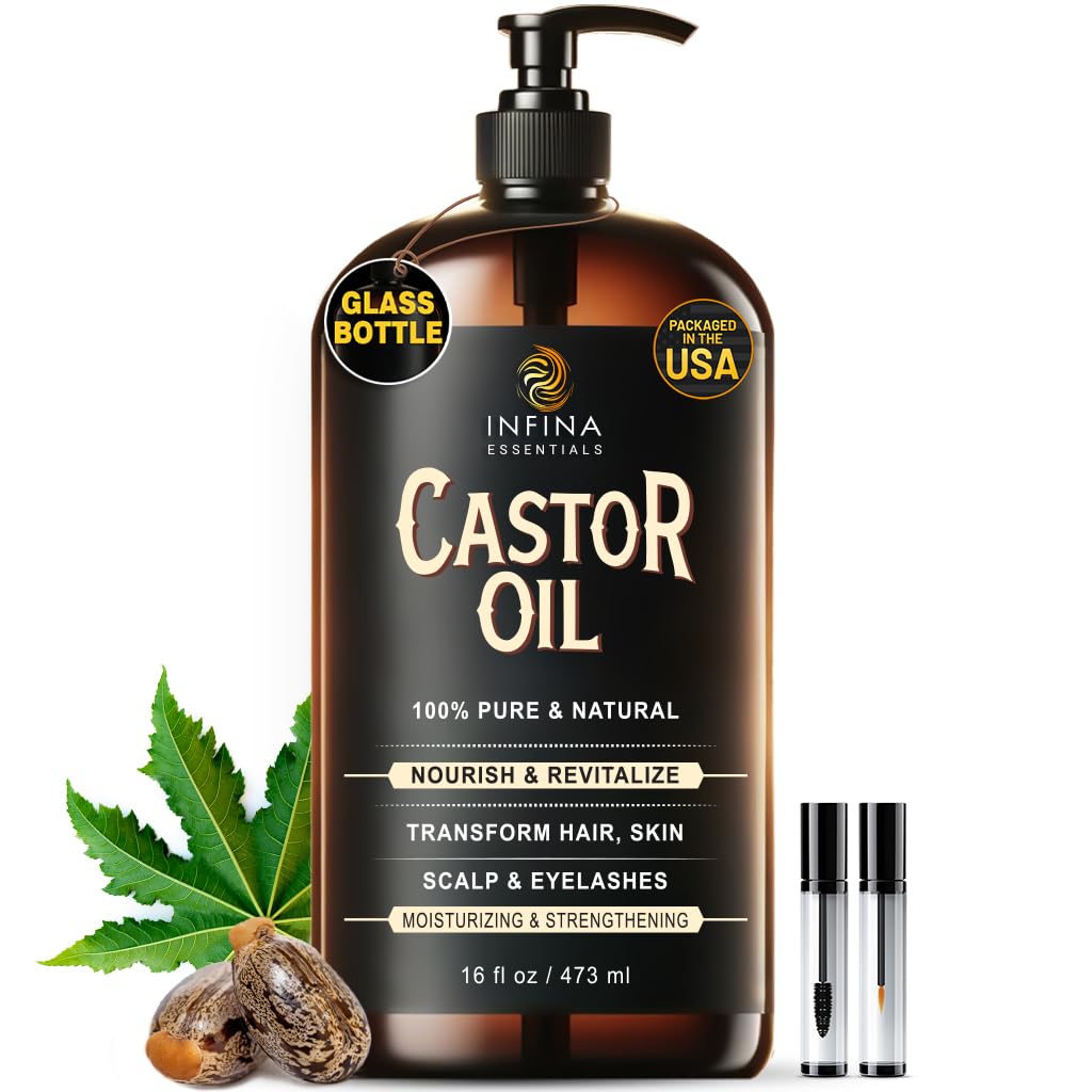 INFINA ESSENTIALS castor oil bottle pour showing easy application and purity