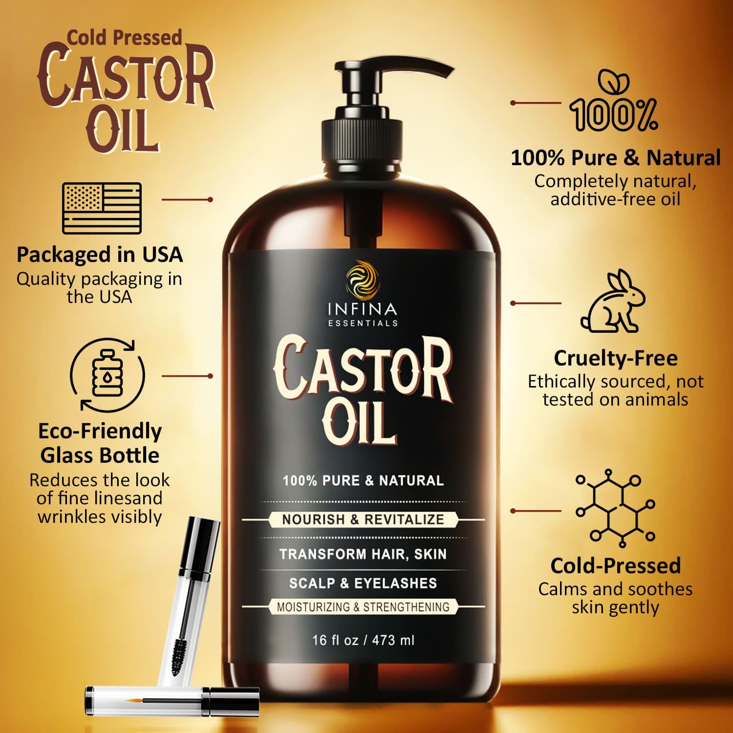 INFINA ESSENTIALS castor oil with wand tools for precise eyelash and eyebrow care