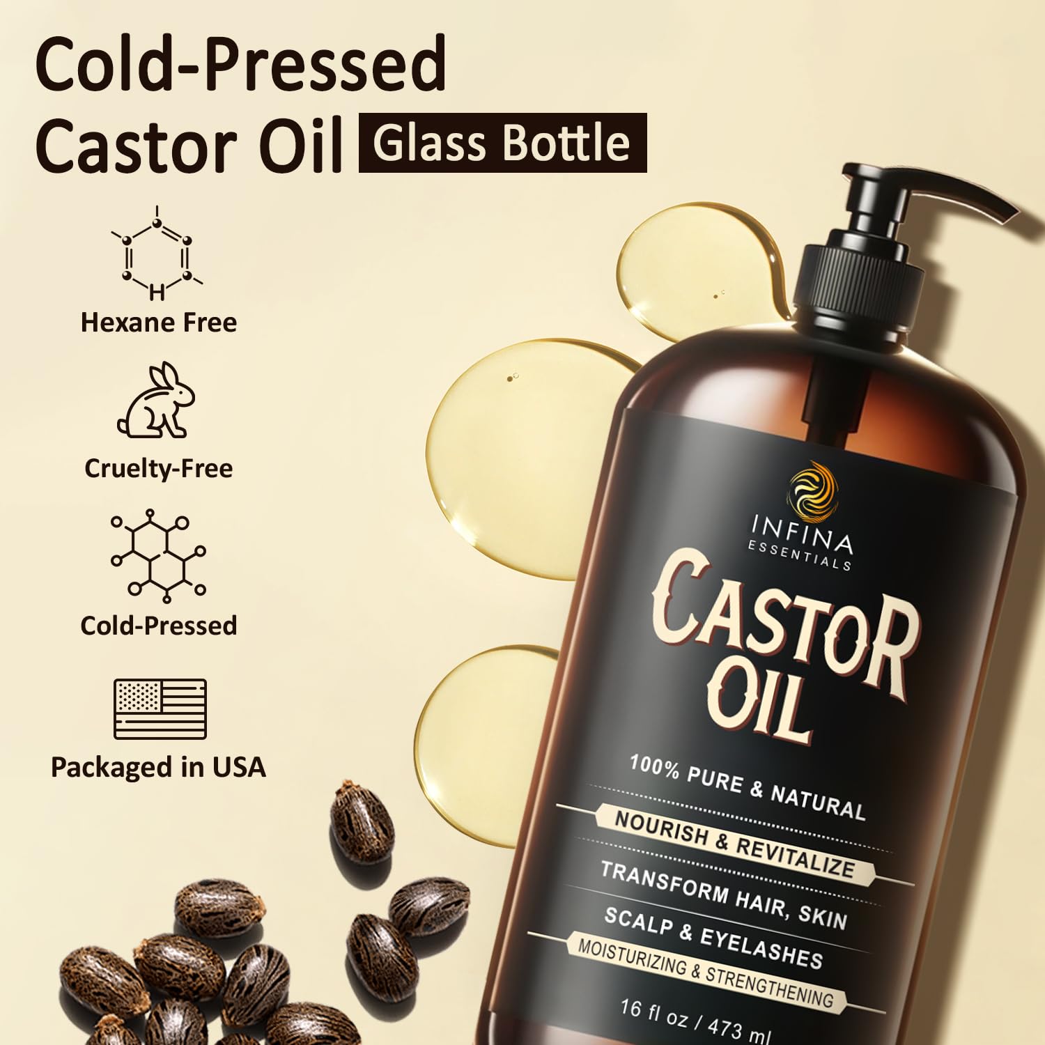 INFINA ESSENTIALS glass bottle close-up highlights hexane-free cold-pressed formula