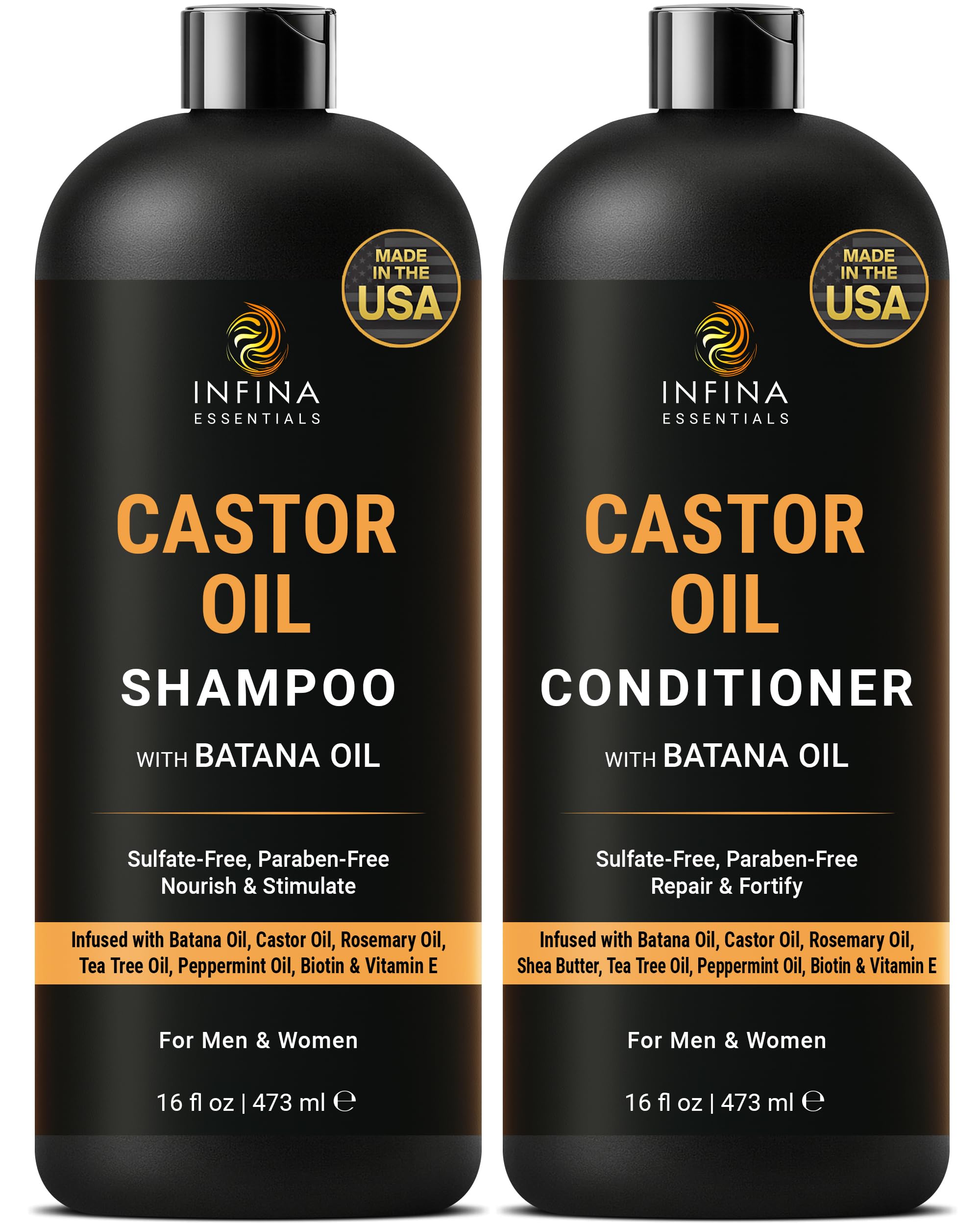 INFINA ESSENTIALS Castor Oil Shampoo bottle shows fuller looking hair potential