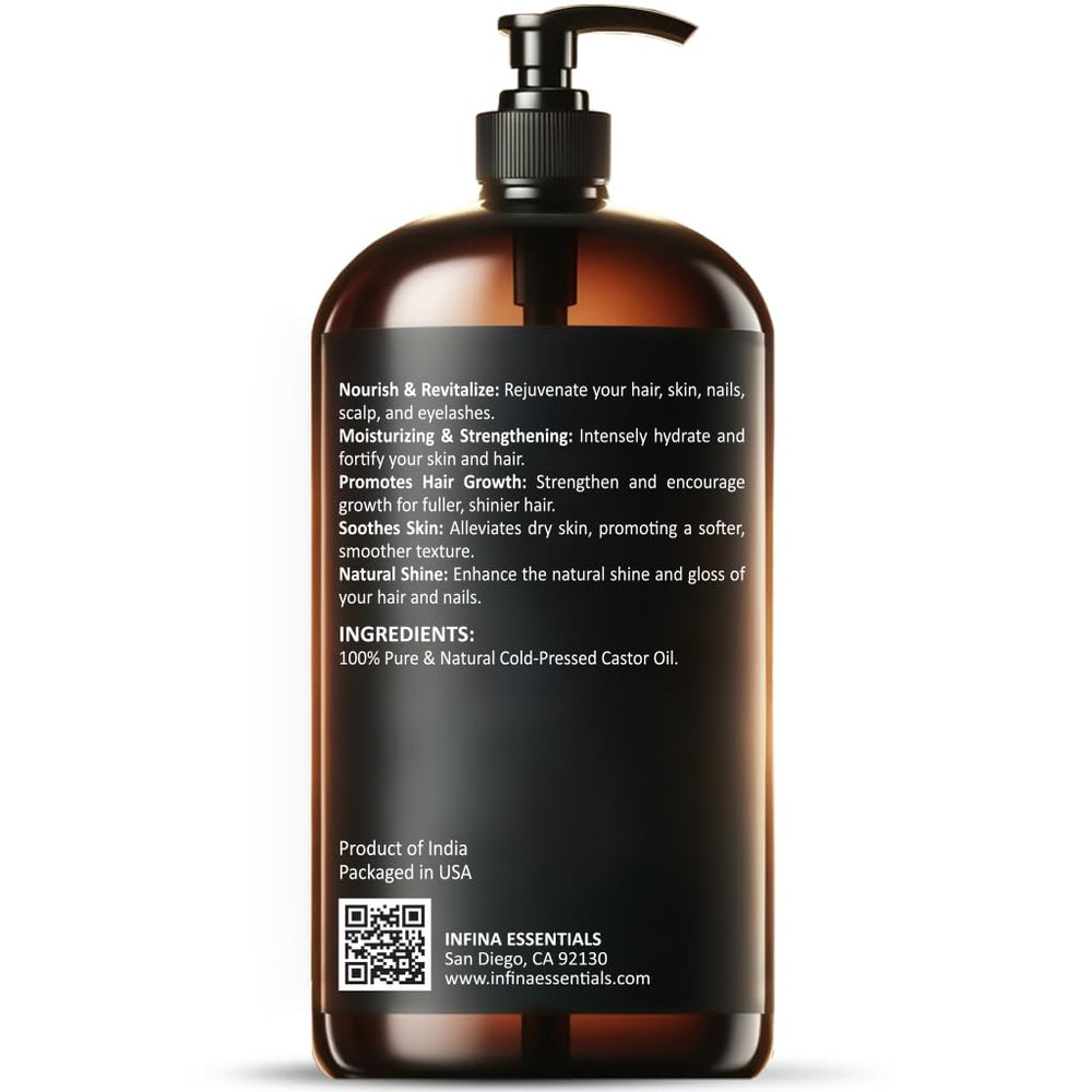 INFINA ESSENTIALS castor oil displayed on vanity for daily self-care