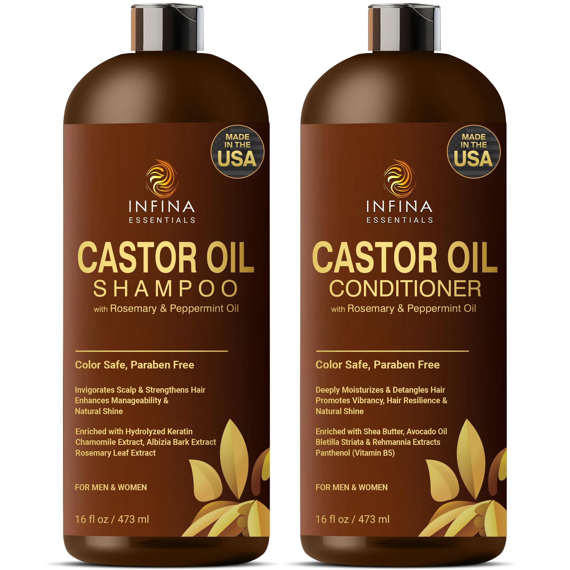 INFINA ESSENTIALS castor shampoo bottle promotes nourishing cleanse with castor oil for hair health