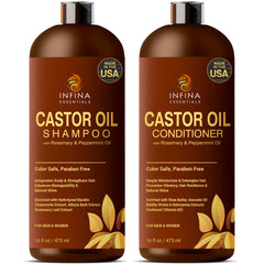 INFINA ESSENTIALS castor shampoo bottle promotes nourishing cleanse with castor oil for hair health