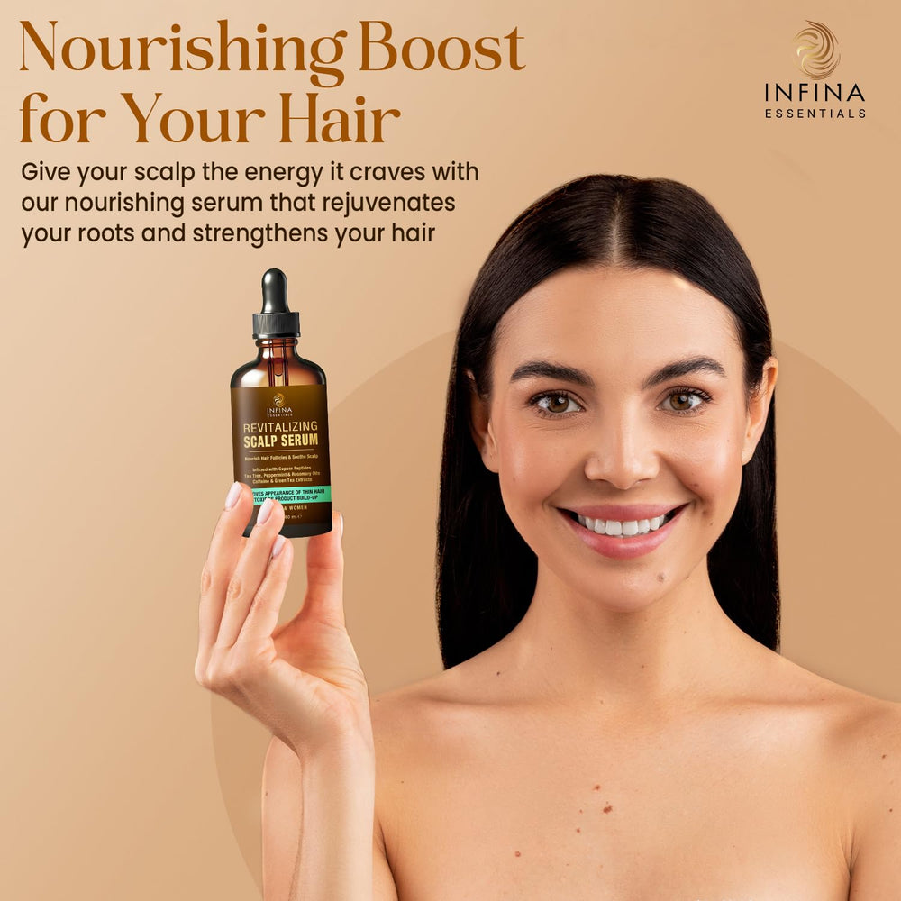 INFINA ESSENTIALS Copper peptides label closeup highlights advanced scalp nourishment.