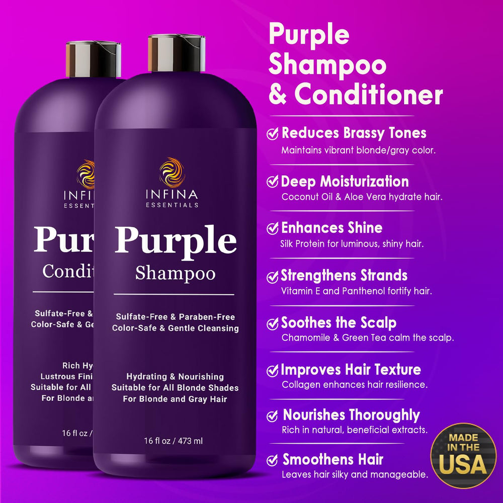 INFINA ESSENTIALS Purple Conditioner bottle hydrates with coconut oil and aloe vera.