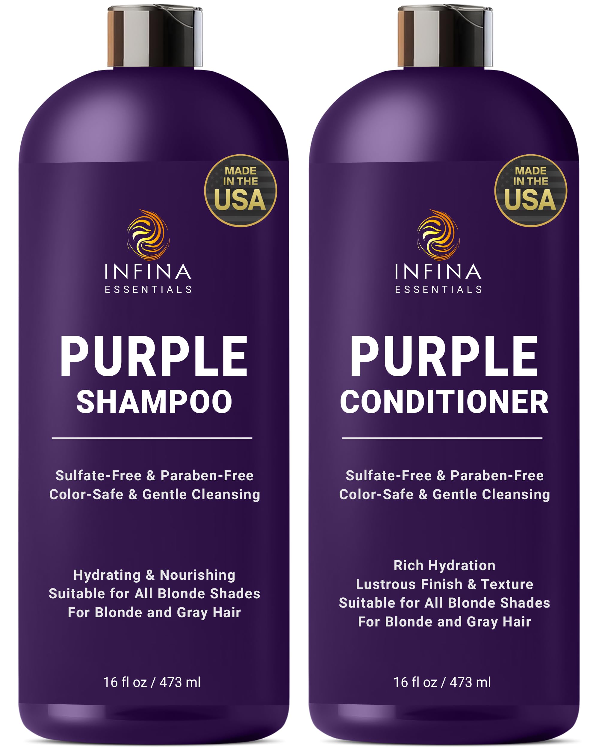 INFINA ESSENTIALS Purple Shampoo bottle reduces brassy tones for cooler blondes.