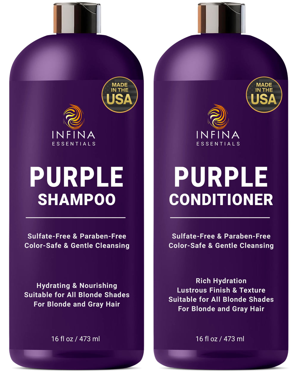 INFINA ESSENTIALS Purple Shampoo bottle reduces brassy tones for cooler blondes.