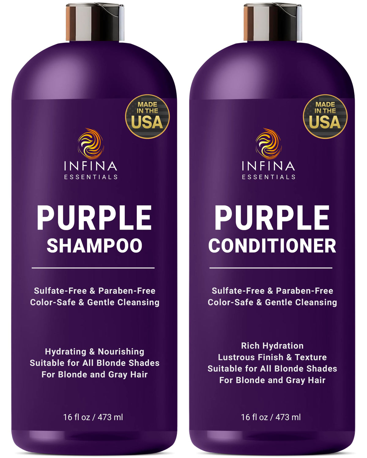 INFINA ESSENTIALS Purple Shampoo bottle reduces brassy tones for cooler blondes.