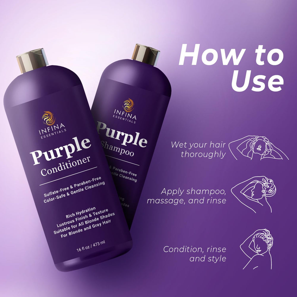 INFINA ESSENTIALS Purple Shampoo lather highlights violet toning for blondes and grays.