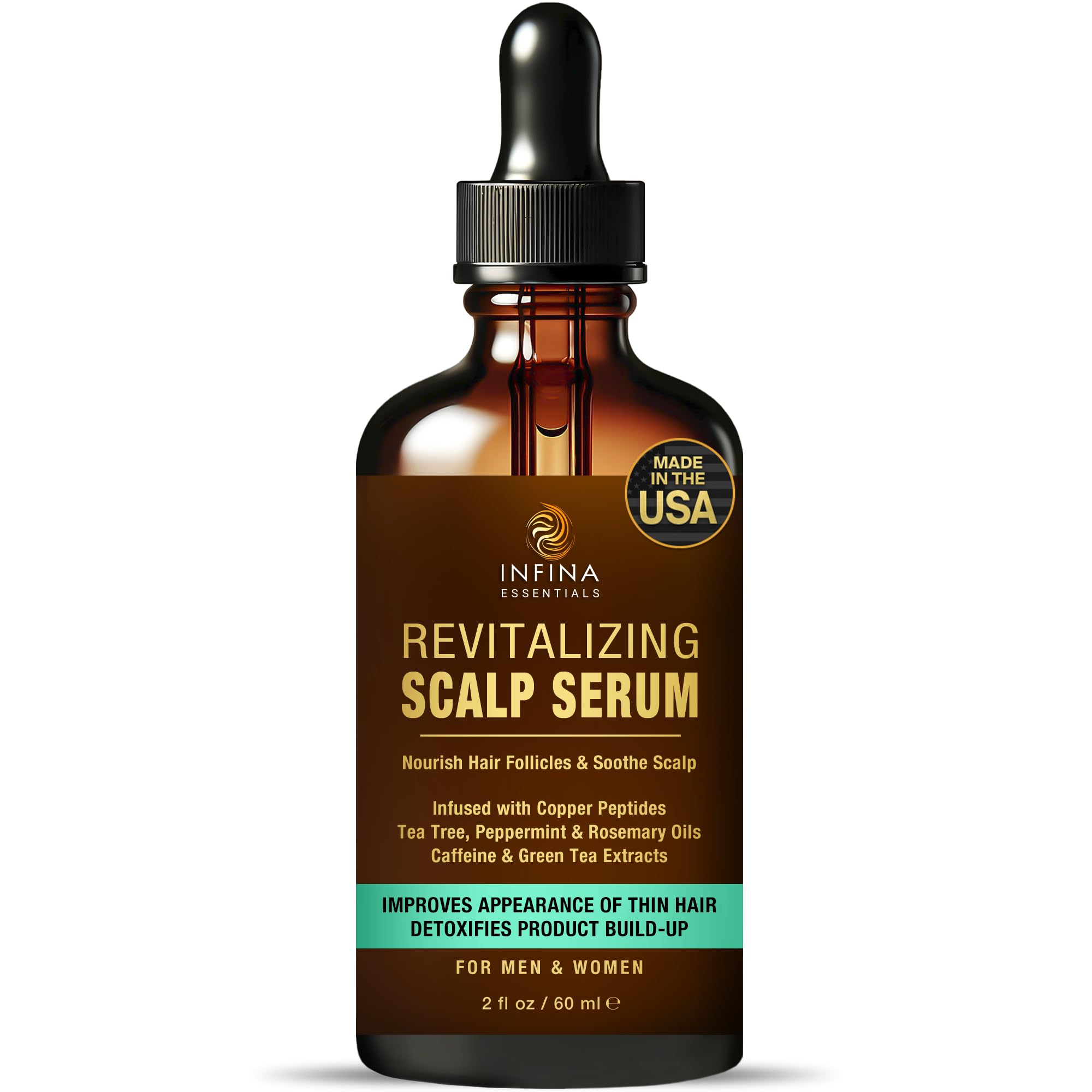 INFINA ESSENTIALS Revitalizing Scalp Serum bottle highlights copper peptides for scalp health support.