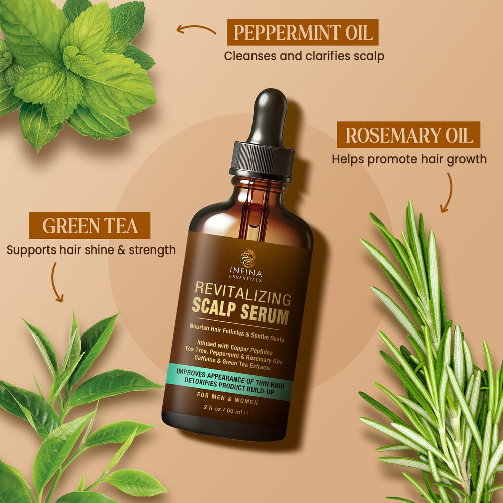 INFINA ESSENTIALS Revitalizing Scalp Serum dropper demonstrates caffeine benefits for energizing scalp.