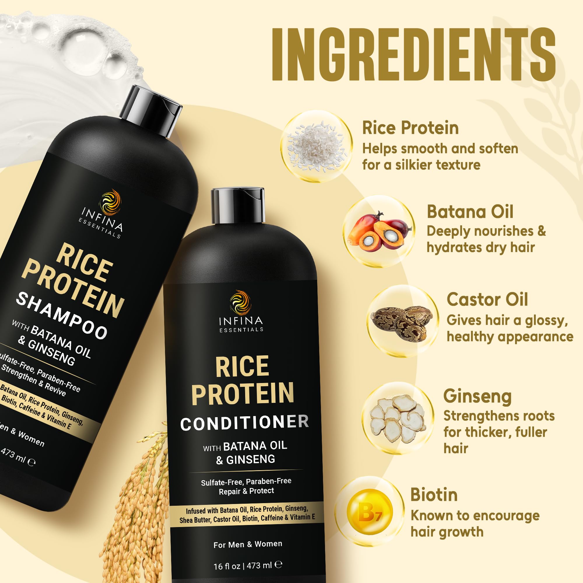 Infina Essentials Rice Protein Conditioner bottle highlights detangling ease.