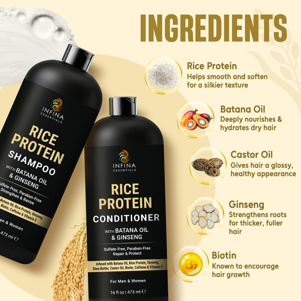 Infina Essentials Rice Protein Conditioner bottle highlights detangling ease.