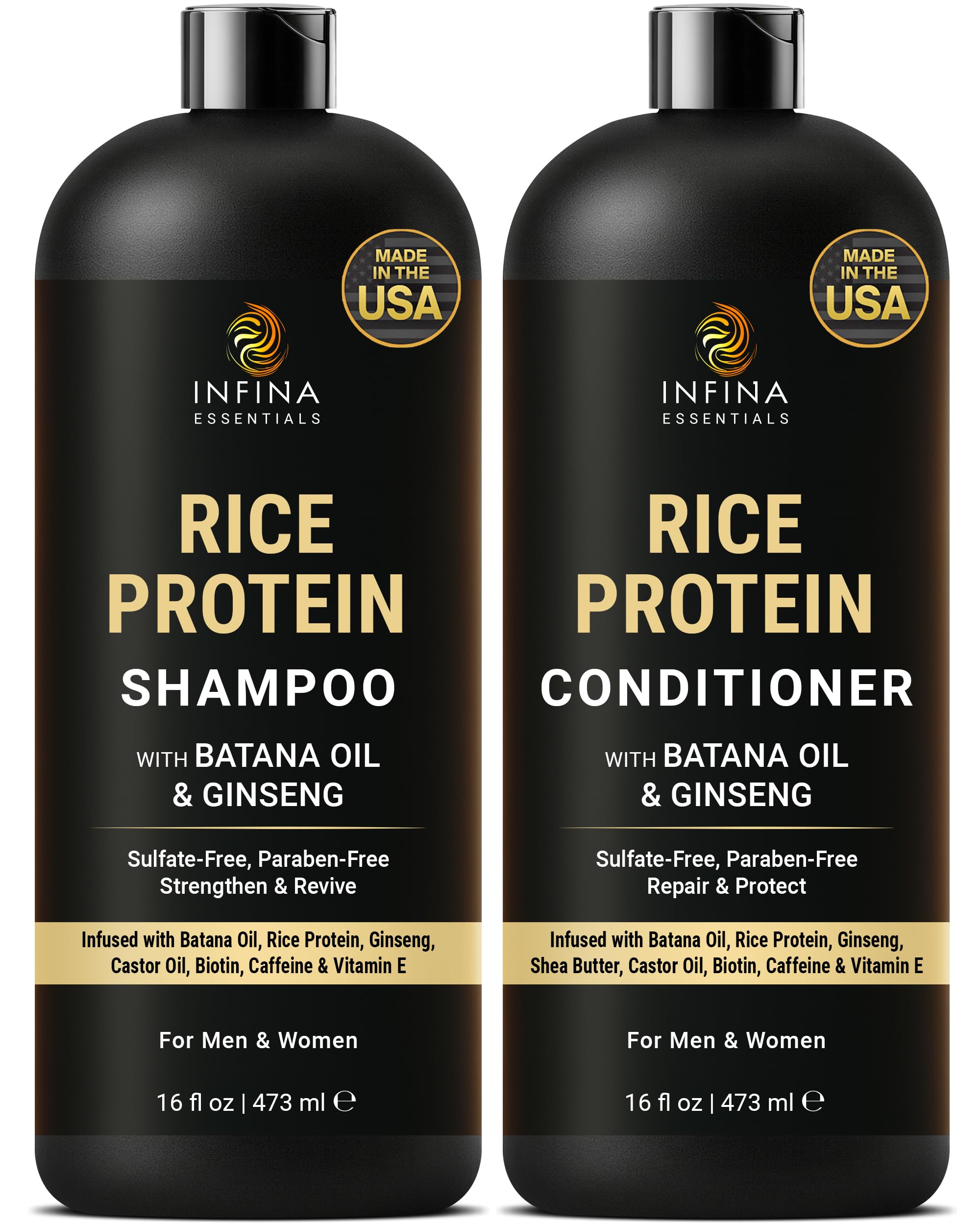 Infina Essentials Rice Protein Shampoo bottle demonstrates volumizing formula.