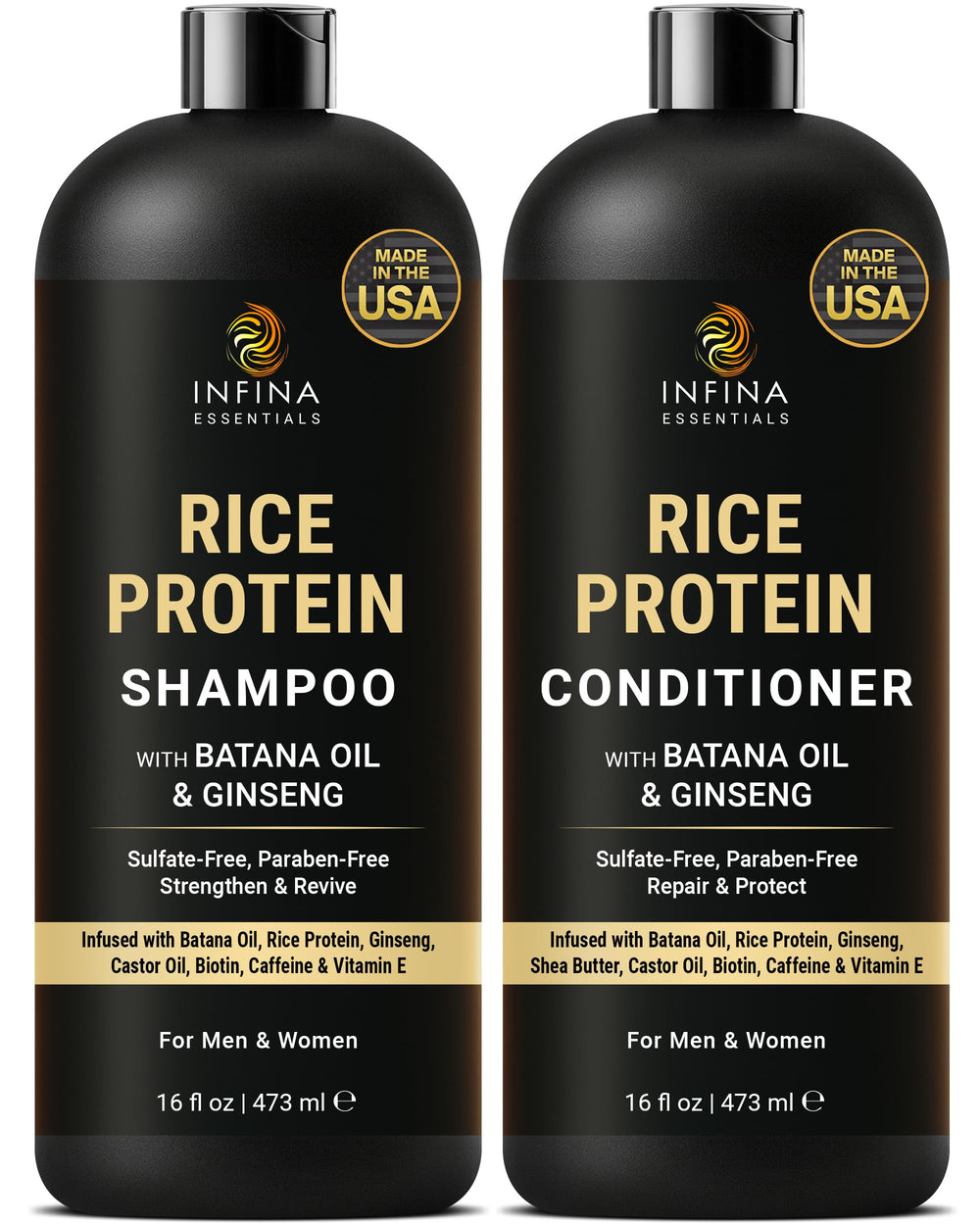 Infina Essentials Rice Protein Shampoo bottle demonstrates volumizing formula.