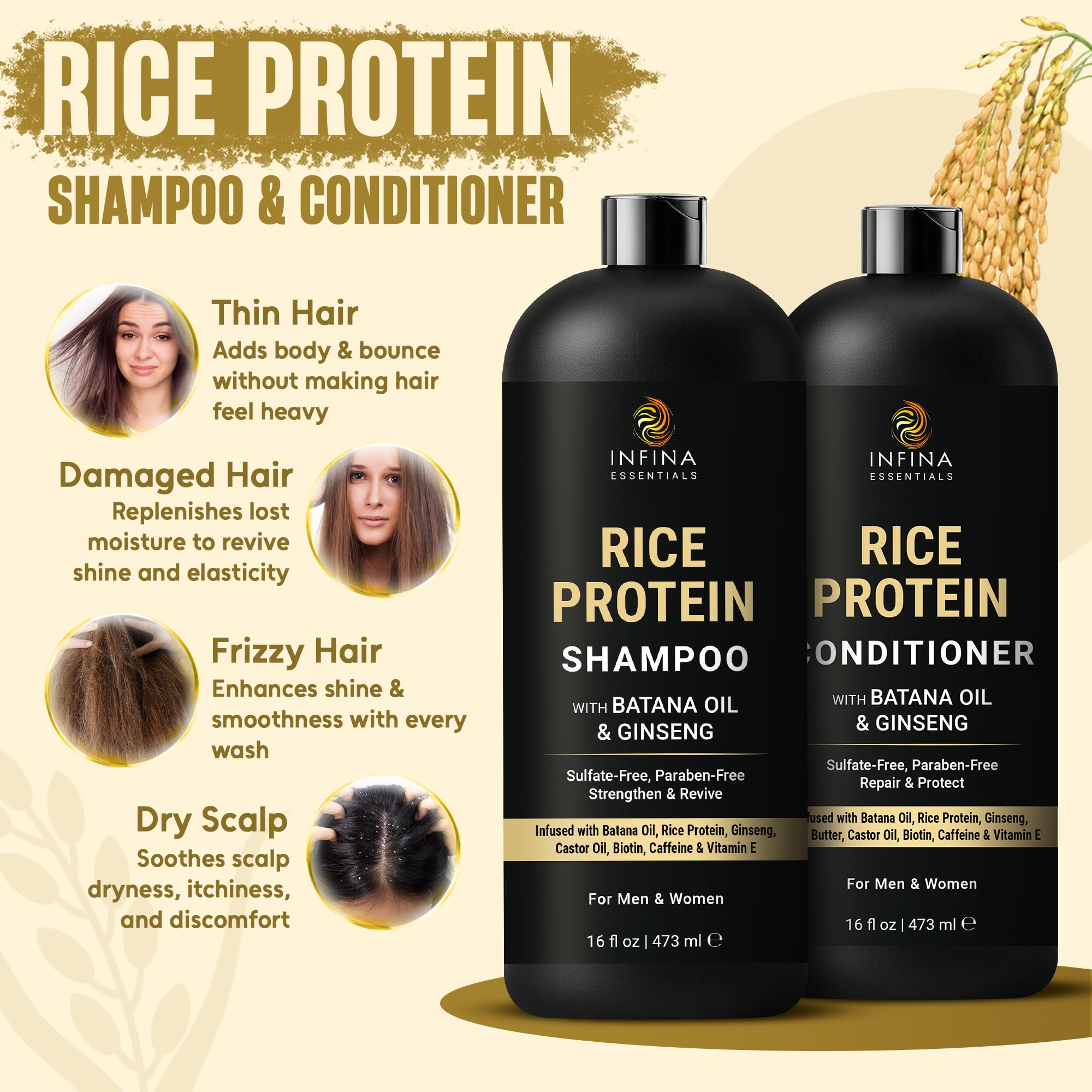 Infina Essentials Rice Protein Shampoo lather highlights cleansing and body.