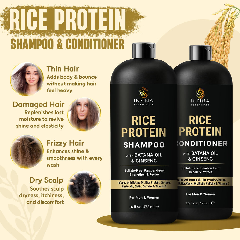 Infina Essentials Rice Protein Shampoo lather highlights cleansing and body.