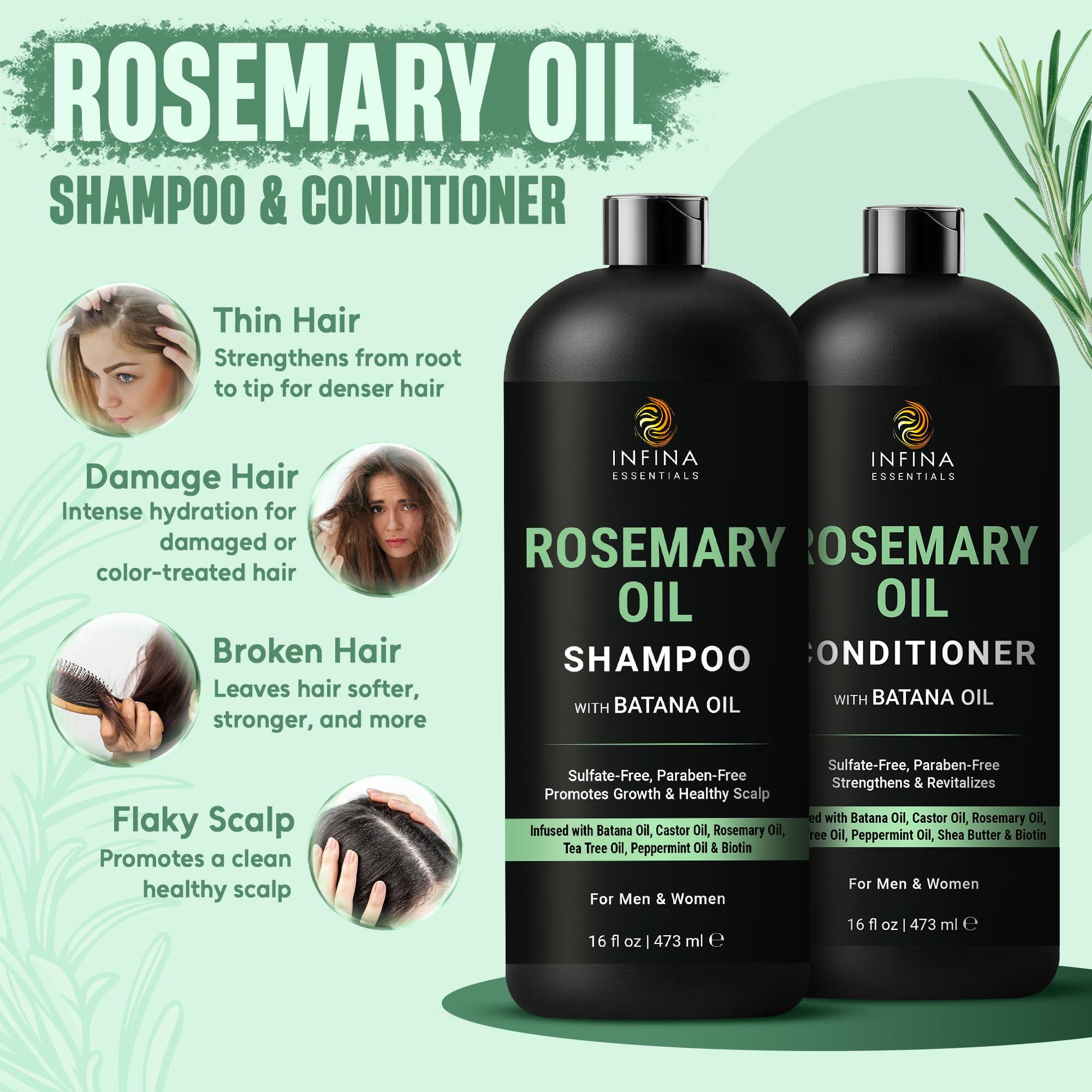 INFINA ESSENTIALS rosemary oil conditioner bottle promoting smoothness and frizz control