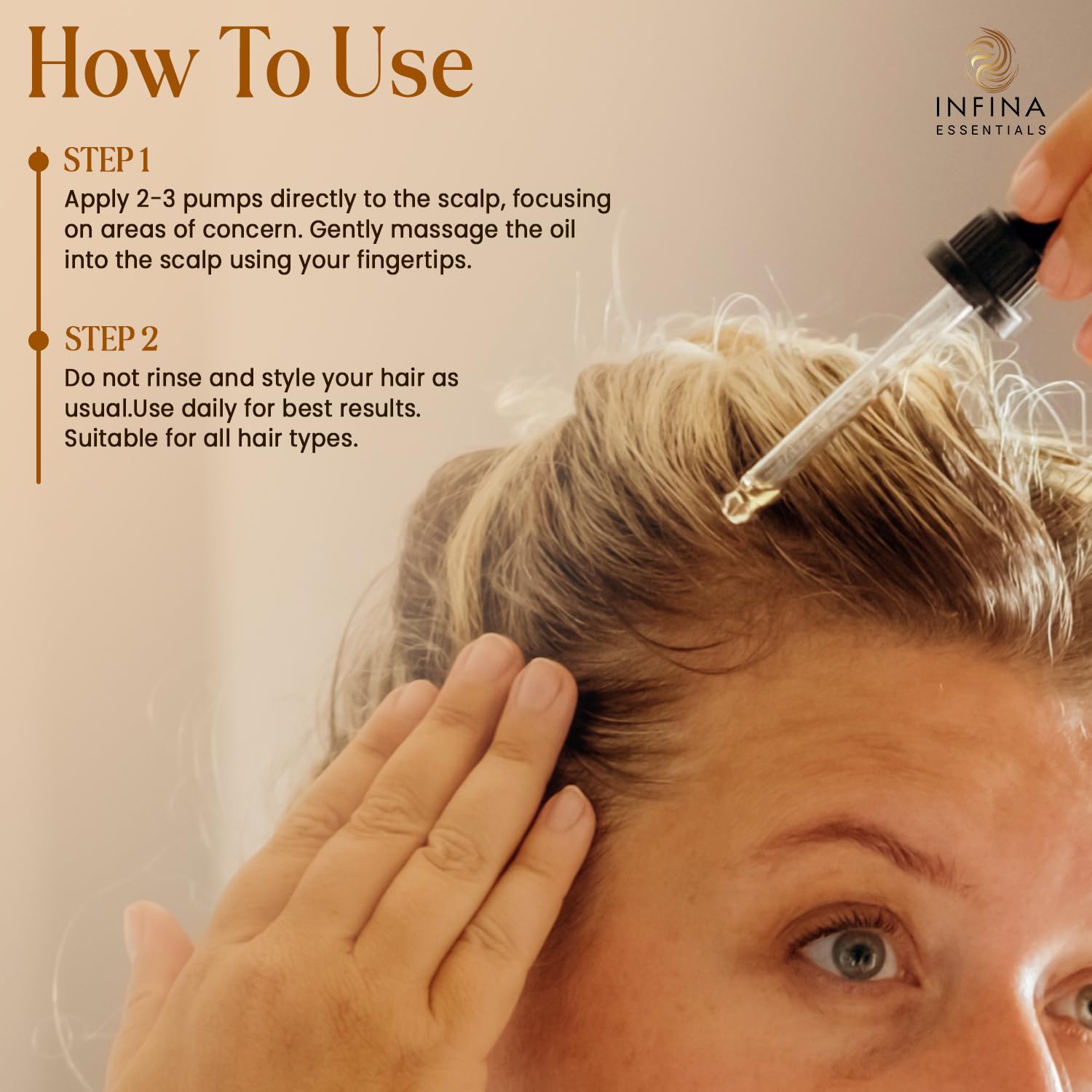 INFINA ESSENTIALS Tea tree oil ingredients image emphasizes soothing, refreshing scalp care.