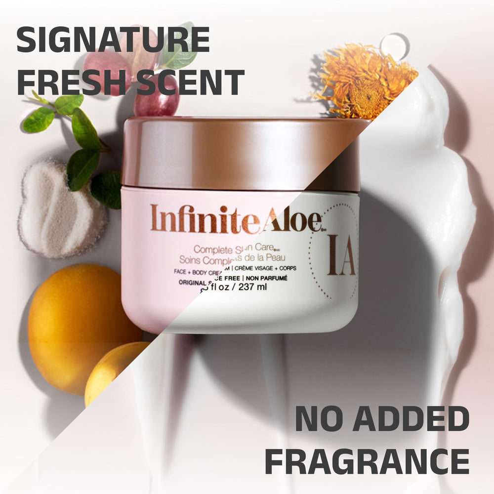 InfiniteAloe all-in-one skincare illustration highlights face, hands, and elbows care.