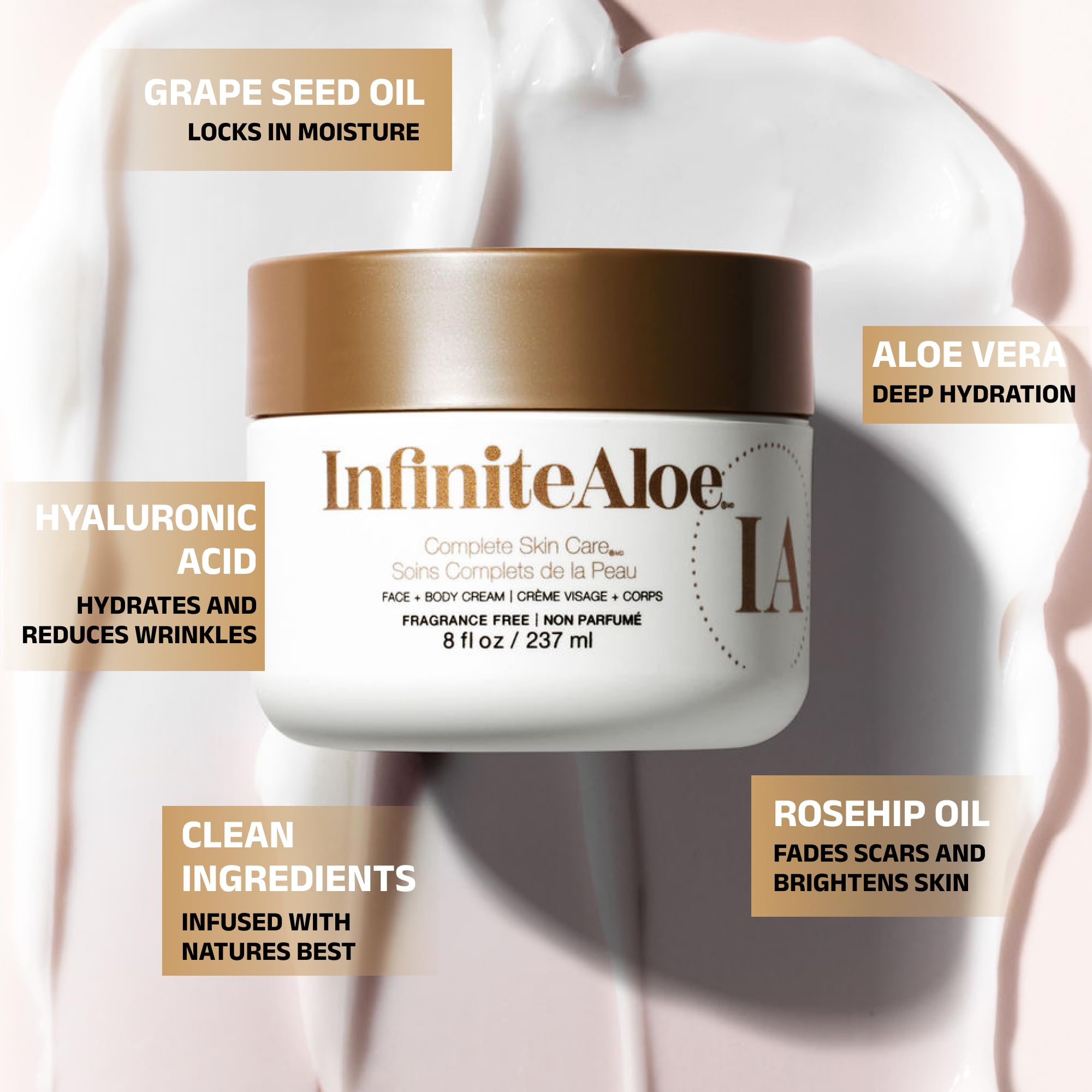 InfiniteAloe Complete Skin Care jar back highlighting ingredients and usage for sensitive skin