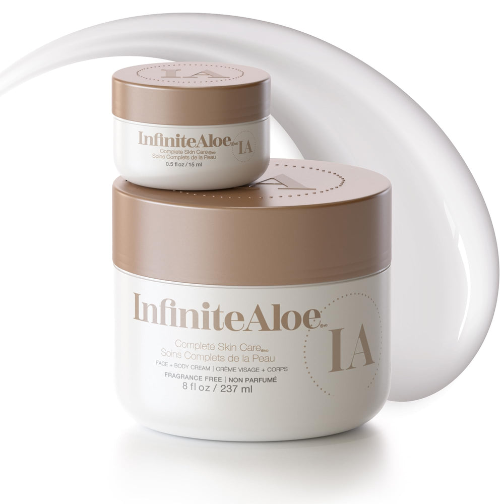 InfiniteAloe Complete Skin Care jar closeup, fragrance-free hydration for daily use.