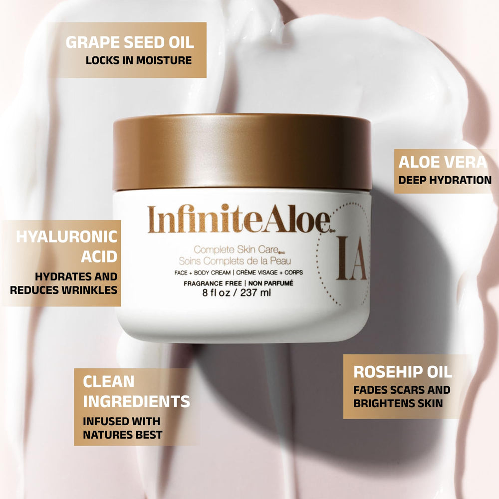InfiniteAloe 8 oz jar, all-day moisturizer in action on skin.