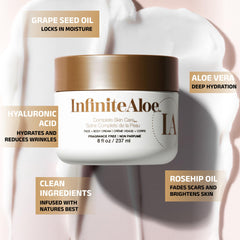 InfiniteAloe 8 oz jar, all-day moisturizer in action on skin.
