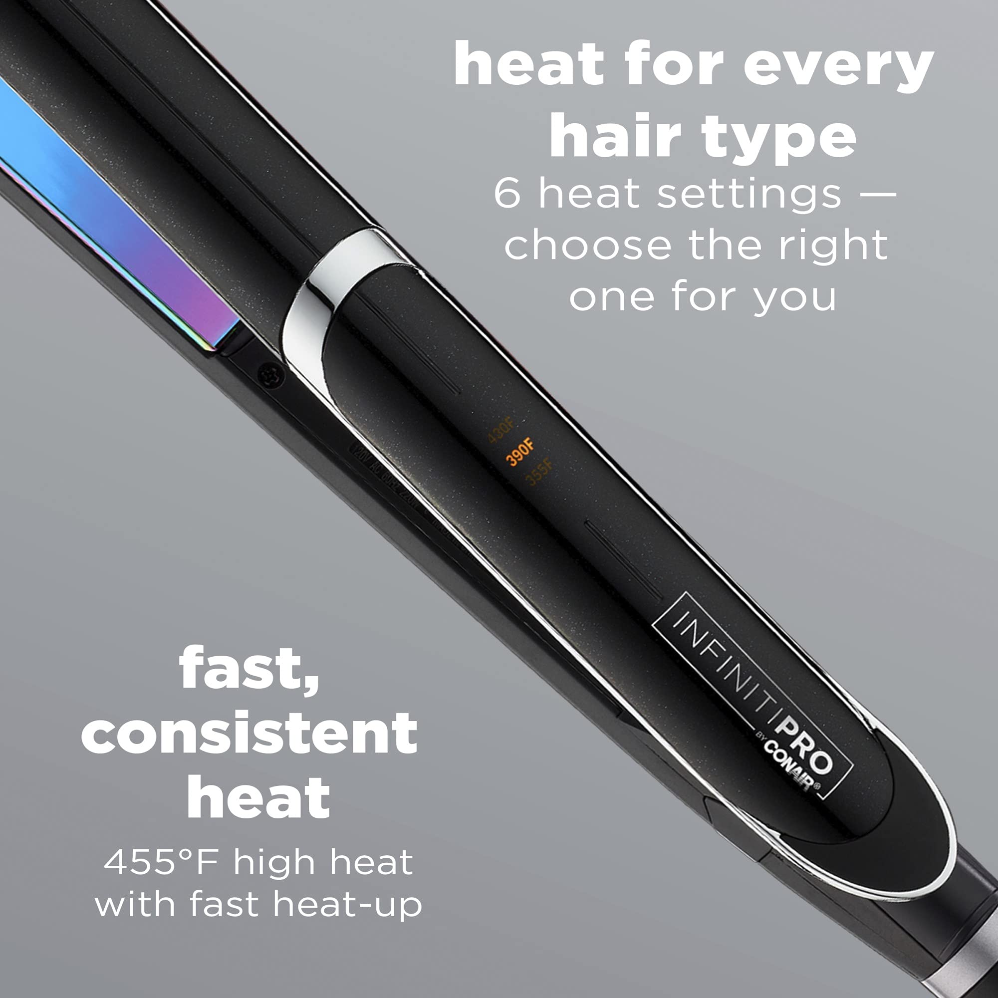 INFINITIPRO by Conair flat iron heat settings graphic highlighting temperature control