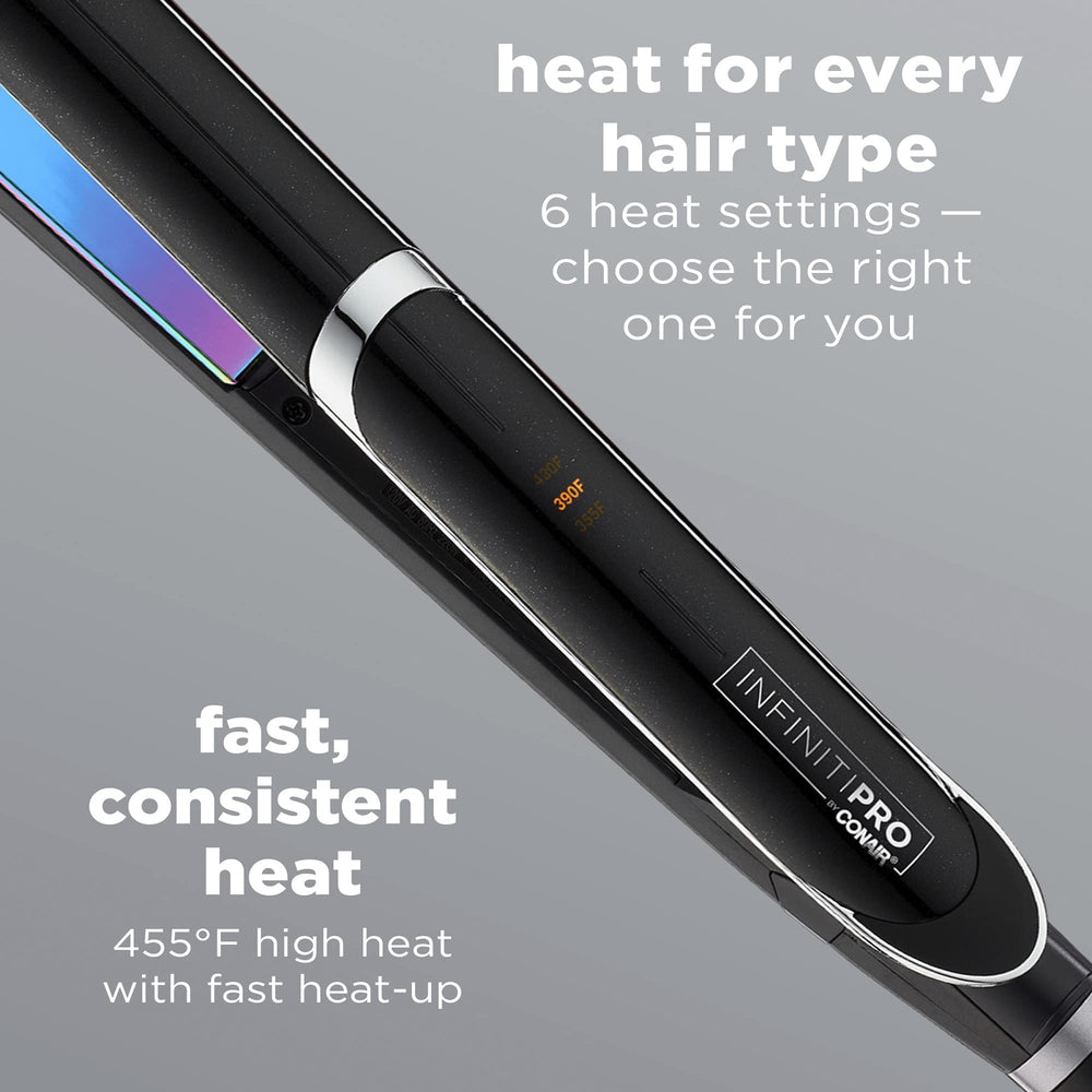 INFINITIPRO by Conair flat iron heat settings graphic highlighting temperature control