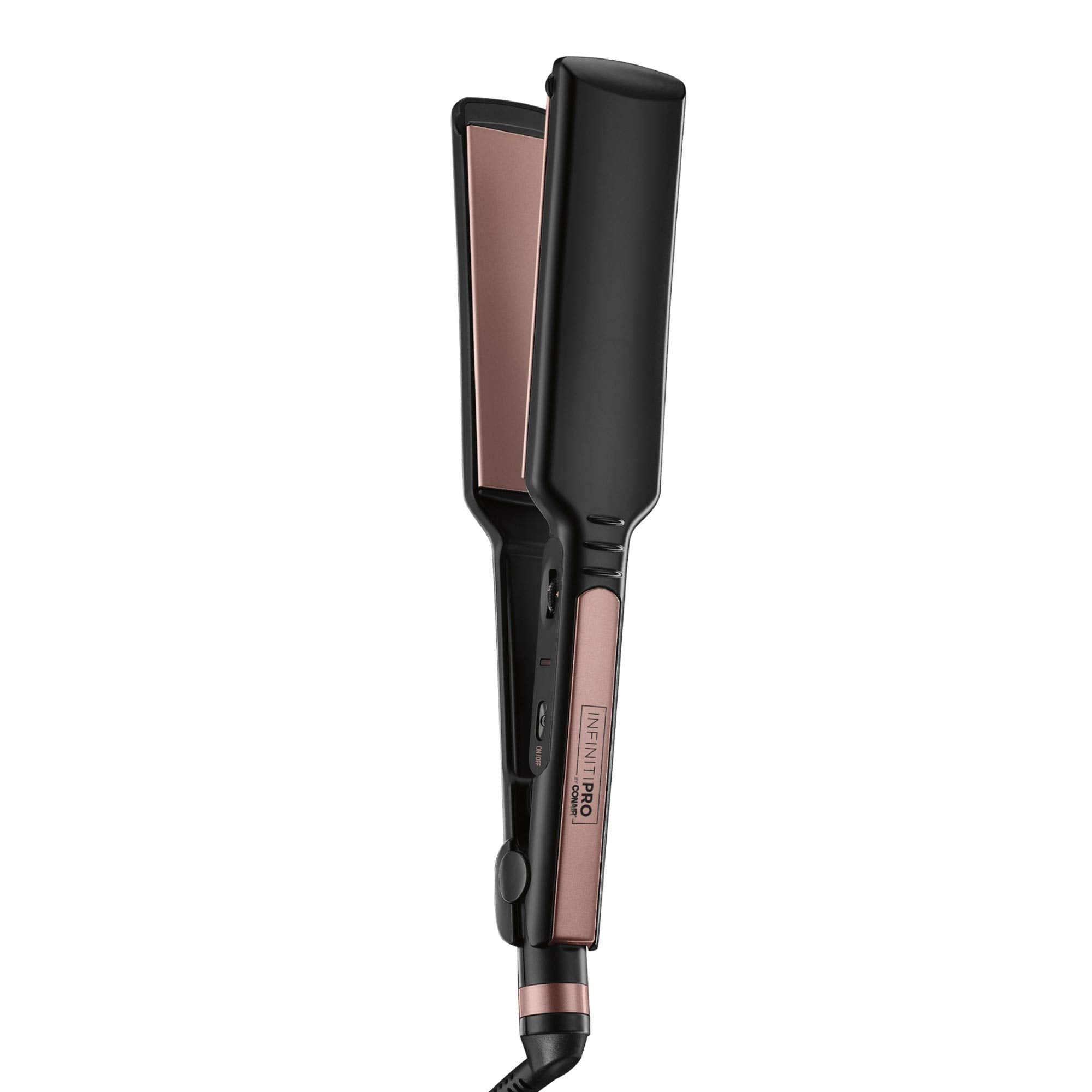 INFINITIPRO BY CONAIR rose-gold ceramic plates for smooth, frizz-free straightening and shine.