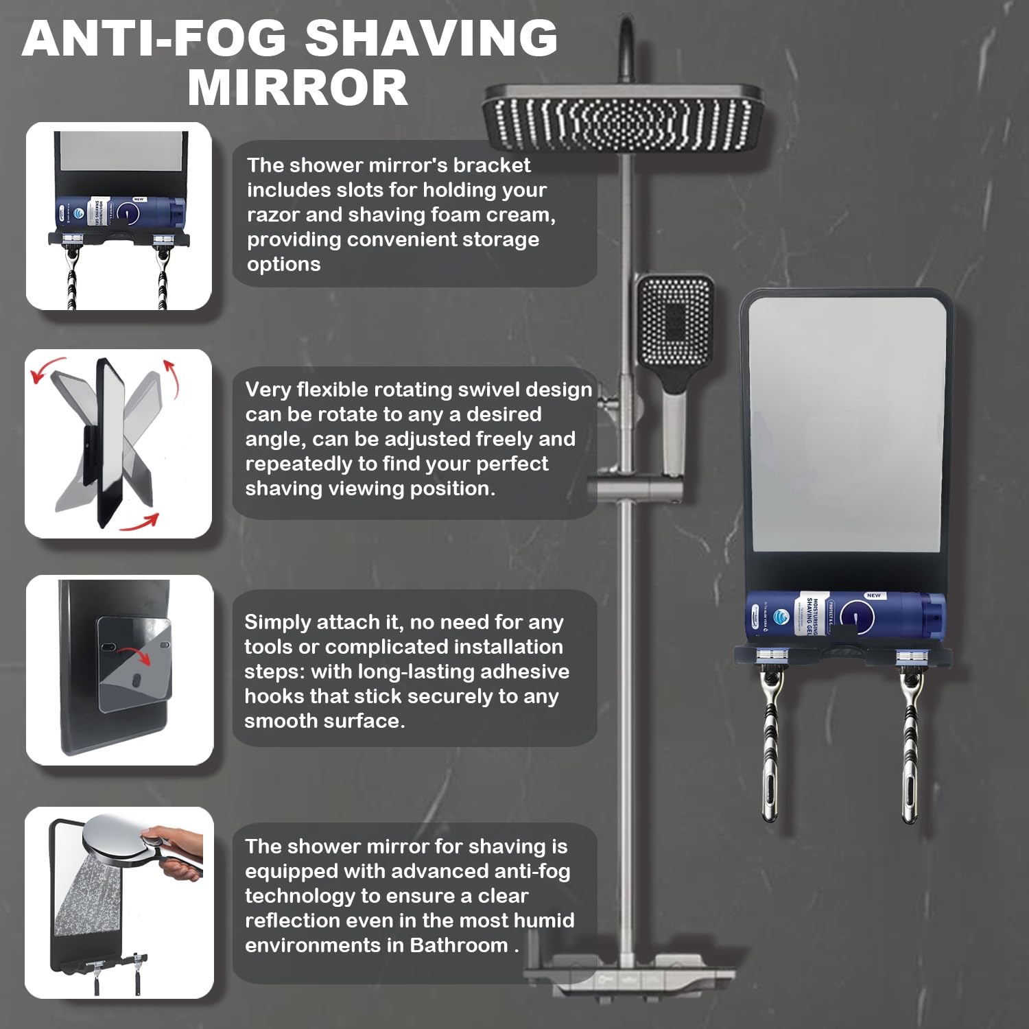 Infitrans shower mirror adjustable-angle feature demonstrates customizable shaving view.