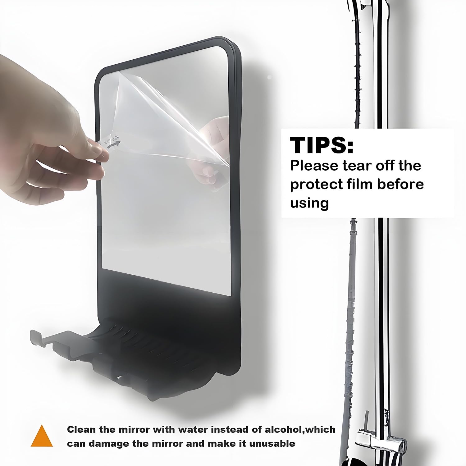 Infitrans fogless mirror in-use during a steamy shower for shaving.